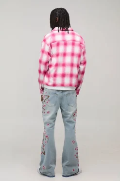 Jean Évasé Brodé Floral Effet Usé À Ourlet Défait