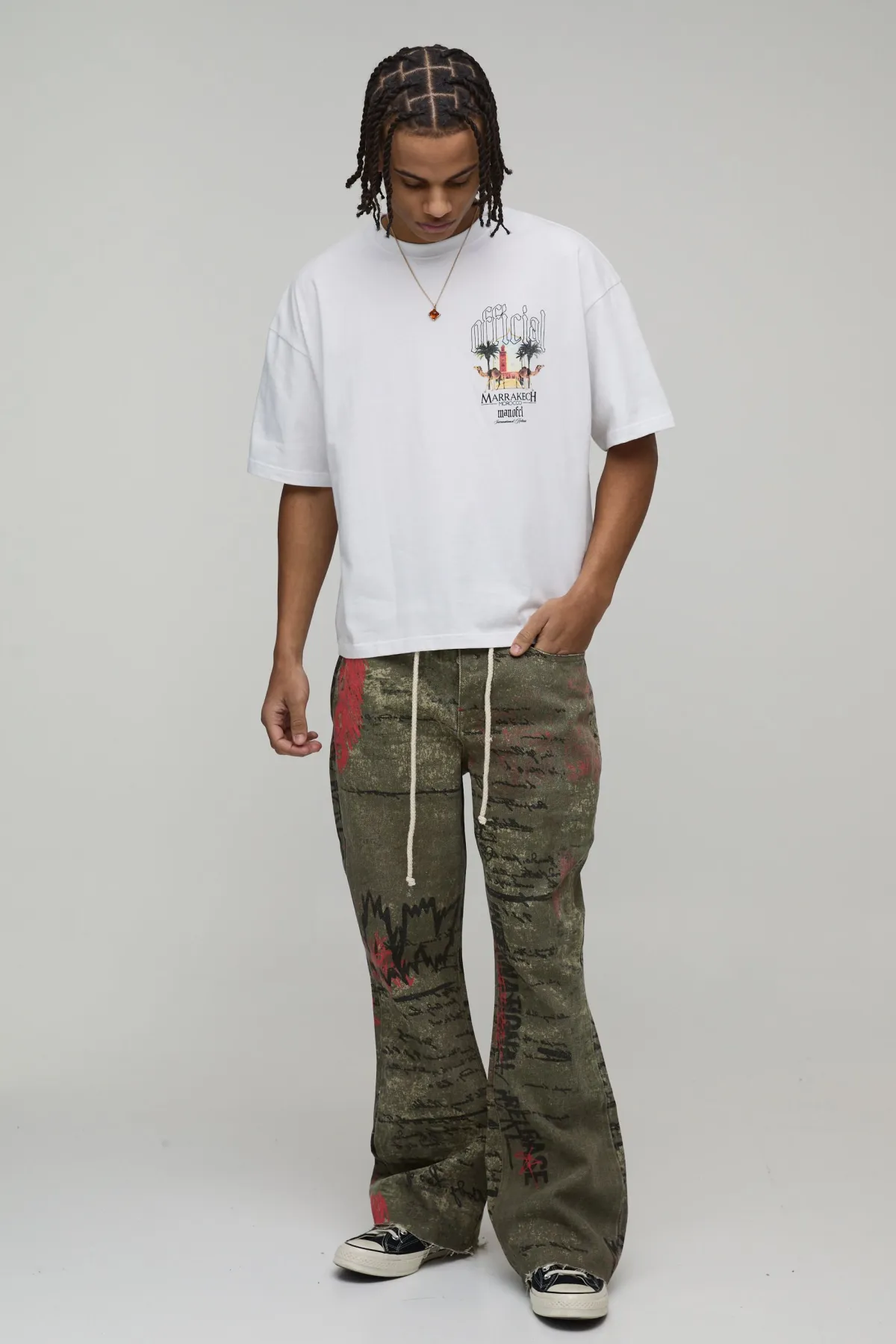 boohooMAN Jean Évasé Décontracté à Imprimé Intégral avec Ceinture Corde<Homme Denim|Denim