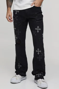 boohooMAN Jean Évasé Empilé À Gousset Appliqué Vieilli Et Ourlet Brut<Homme Denim|Denim