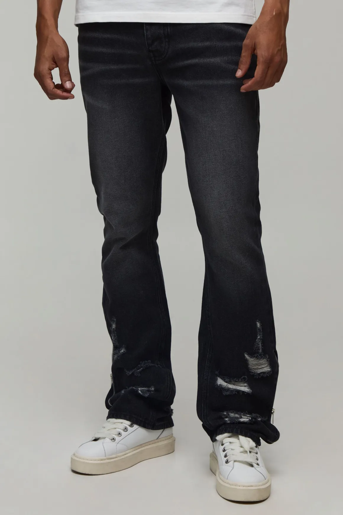 Jean Évasé Empilé Slim Avec Ourlet Zippé Déchiré