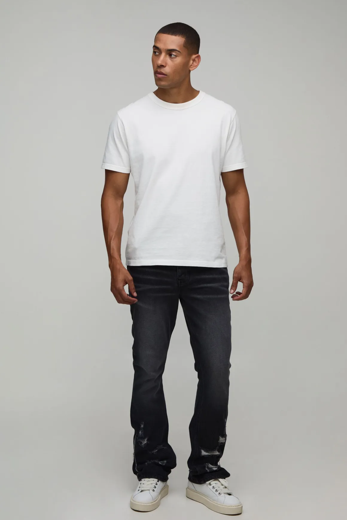 Jean Évasé Empilé Slim Avec Ourlet Zippé Déchiré