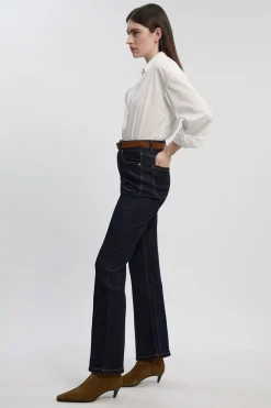 Jean Évasé en Denim Stretch à Plis Piqués Petite Taille