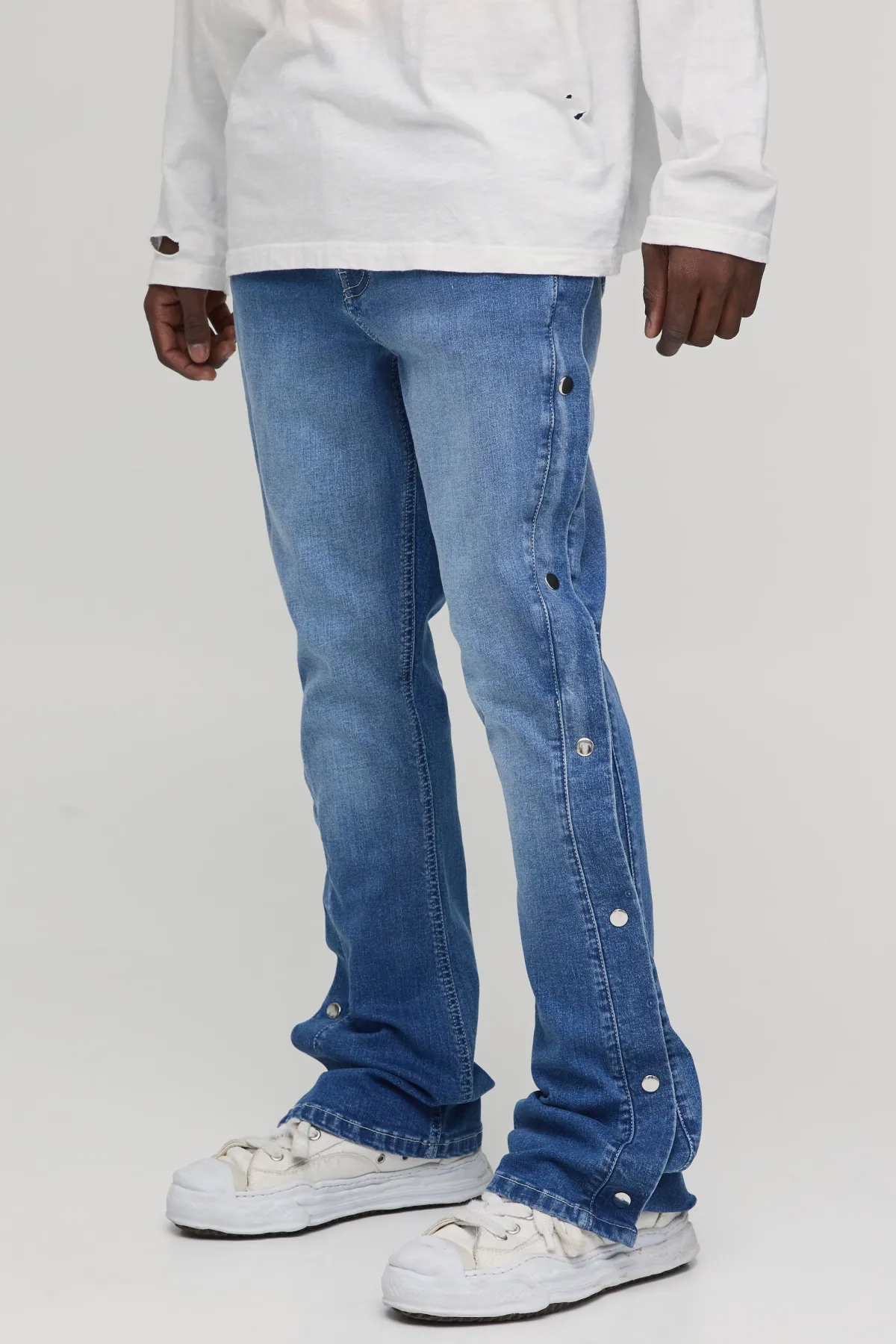 boohooMAN Jean Évasé Extensible À Boutons-pression Sur Le Côté<Homme Jeans Grande Taille|Denim