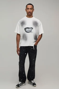 boohooMAN Jean Évasé À Genou Déchiré Et Éclaboussures De Peinture<Homme Jeans Grande Taille|Denim