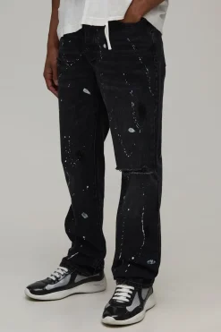 boohooMAN Jean Évasé À Genou Déchiré Et Éclaboussures De Peinture<Homme Jeans Grande Taille|Denim