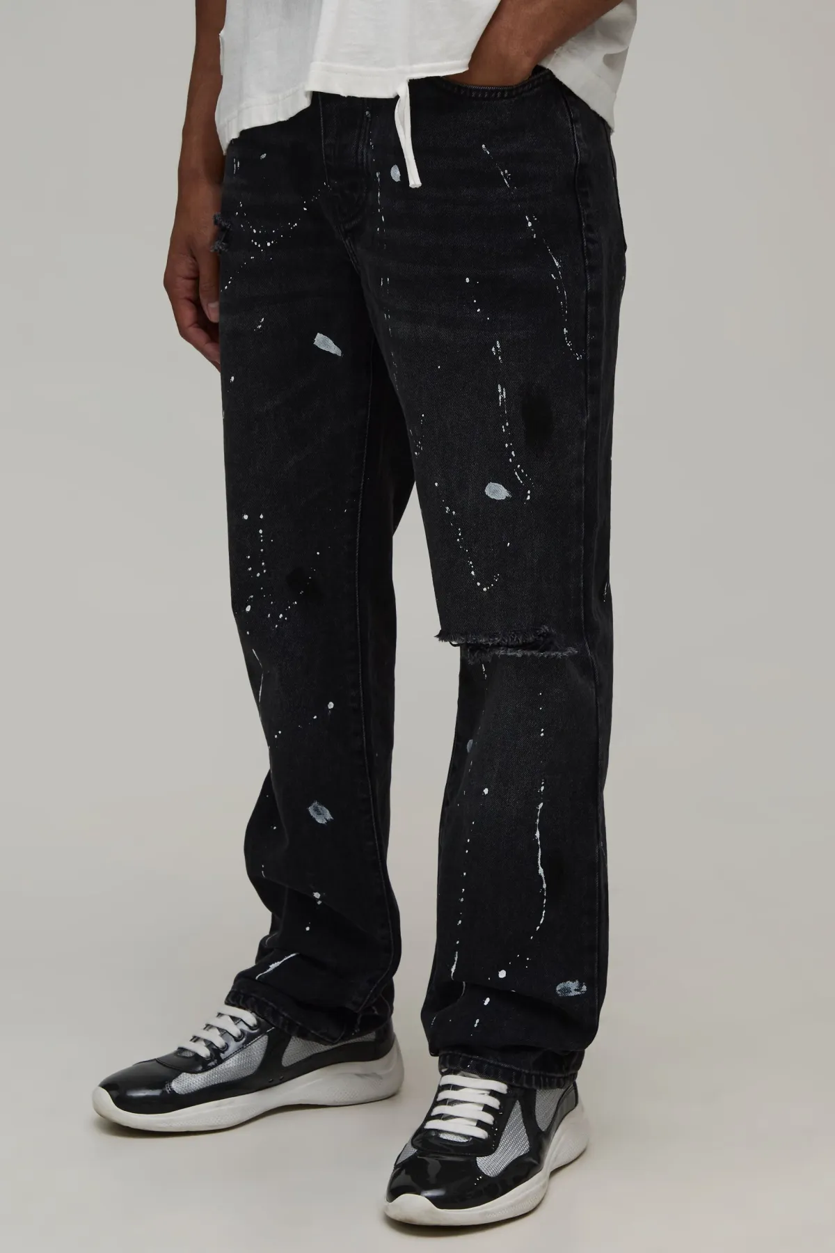 boohooMAN Jean Évasé À Genou Déchiré Et Éclaboussures De Peinture<Homme Jeans Grande Taille|Denim