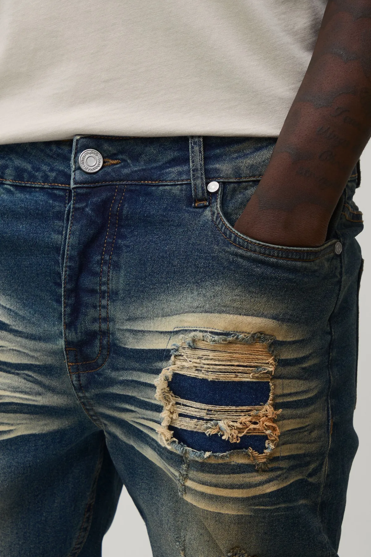 boohooMAN Jean Évasé Skinny Empilé Déchiré<Homme Denim|Denim