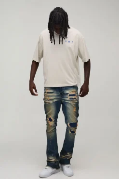 boohooMAN Jean Évasé Skinny Empilé Déchiré<Homme Denim|Denim