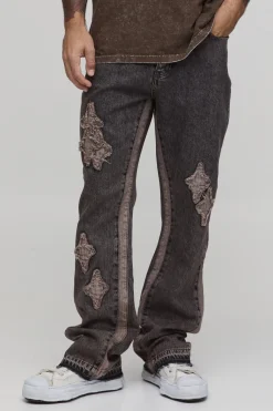 boohooMAN Jean Évasé Slim Délavé À Empiècements Appliqués<Homme Jeans Grande Taille|Denim