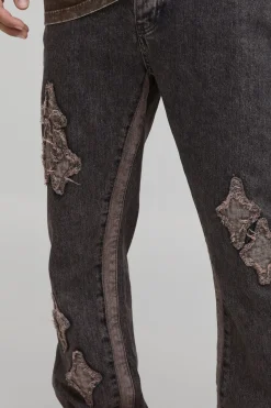 boohooMAN Jean Évasé Slim Délavé À Empiècements Appliqués<Homme Jeans Grande Taille|Denim