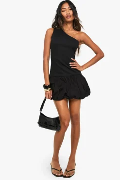 boohoo Jersey côtelé en mélange de coton, mini robe puffball à une épaule<Femme Robes Patineuses|Robes