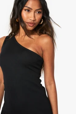 boohoo Jersey côtelé en mélange de coton, mini robe puffball à une épaule<Femme Robes Patineuses|Robes