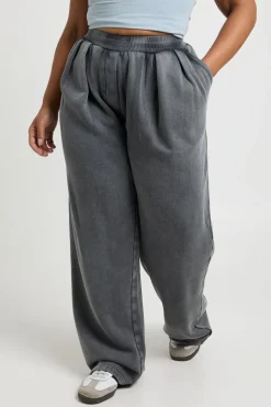 Jogger Grande Taille Taille Mi-haute À Plis Et Jambe Large Effet Délavé