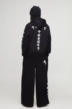 Joggers à jambes larges avec imprimé puff graphique gothique et cordon rallongé