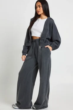 Jogging Jambes Larges à Taille Haute avec Détails de Plis Nervurés Effet Délavé