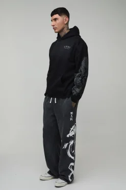 Jogging Large Taille Haute avec Motif Graphique Délavé