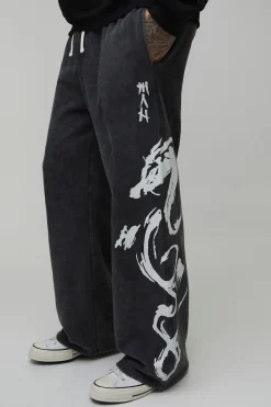 Jogging Large Taille Haute avec Motif Graphique Délavé