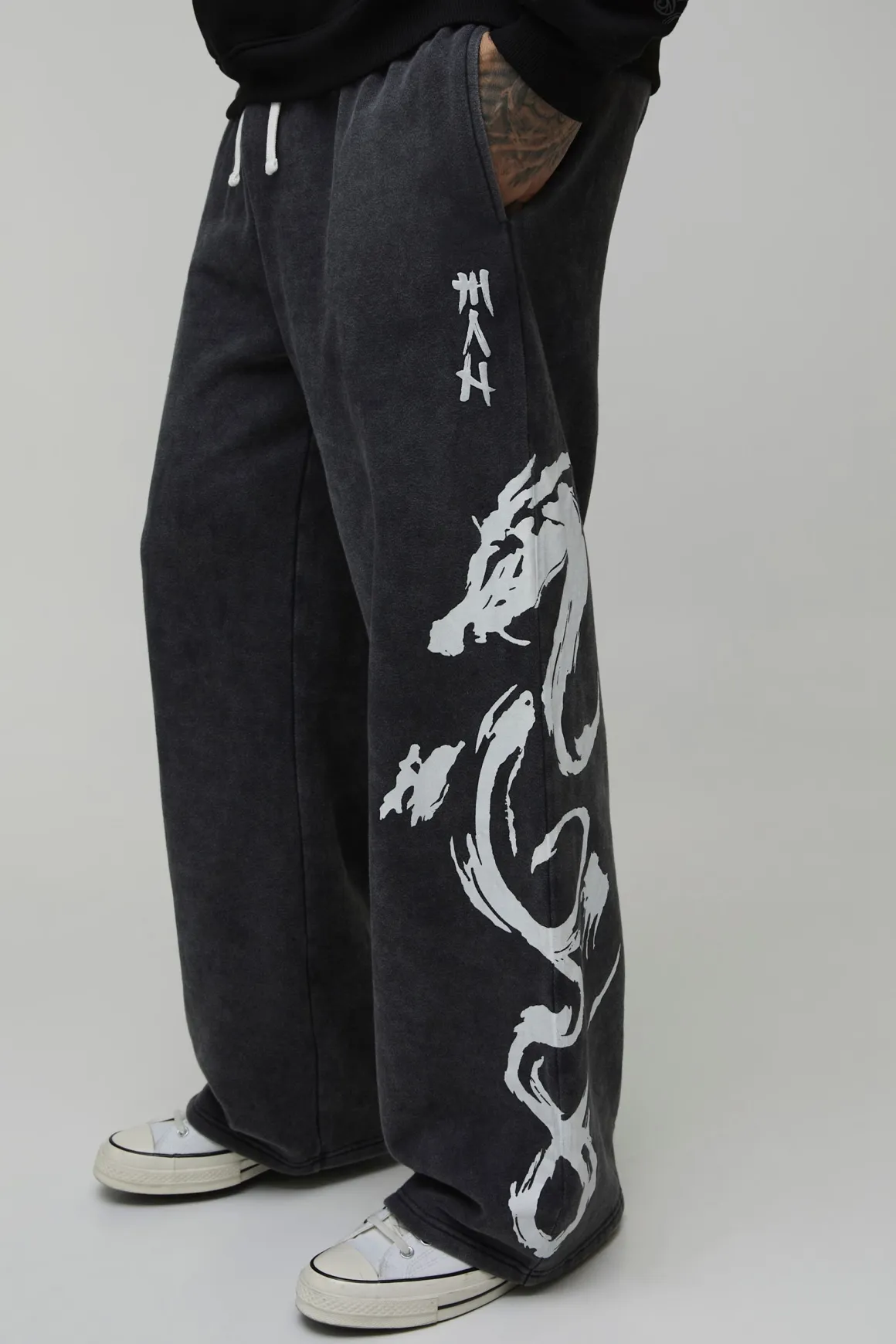 Jogging Large Taille Haute avec Motif Graphique Délavé