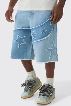 Jorts en denim à applique étoile rigide, coupe régulière, en bleu glace