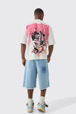 Jorts en denim à applique étoile rigide, coupe régulière, en bleu glace