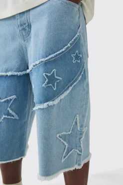 Jorts en denim à applique étoile rigide, coupe régulière, en bleu glace