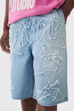 Jorts en denim avec appliqué en tissu auto officiel en Bleu Glacé