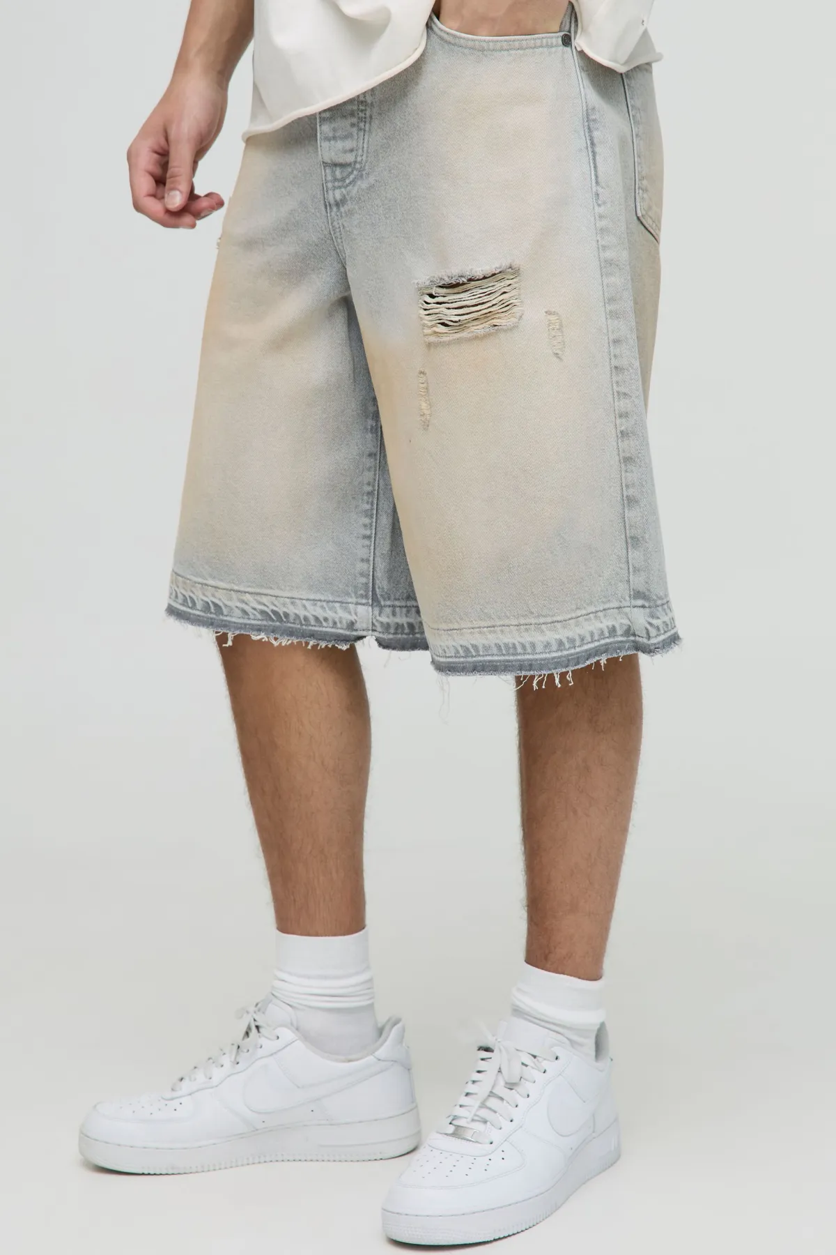 boohooMAN Jorts en denim déchirés en lavé<Homme Jorts|Denim
