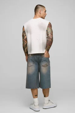 Jorts en denim délavé à coupe longue