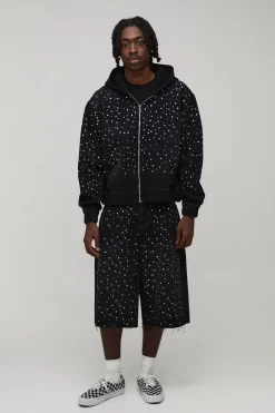 Jorts En Denim Délavé Longline À Strass