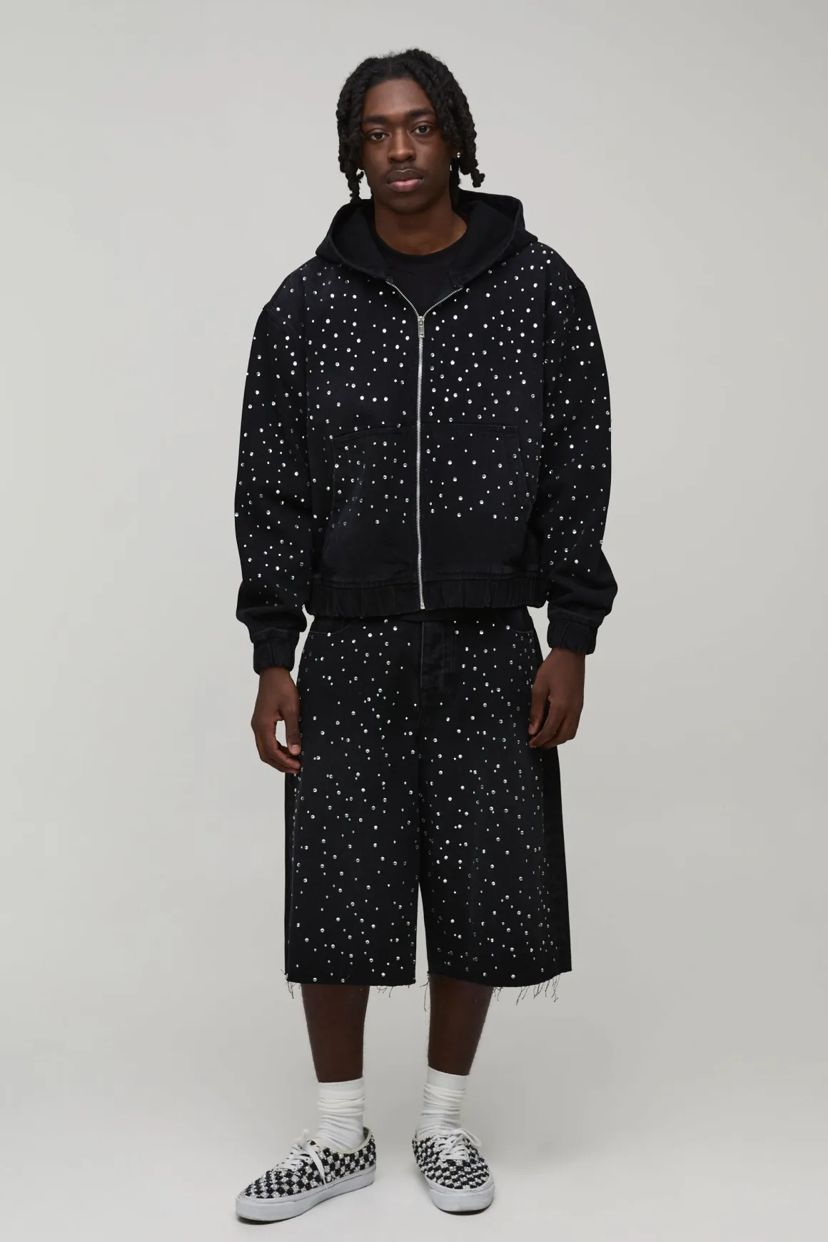 Jorts En Denim Délavé Longline À Strass