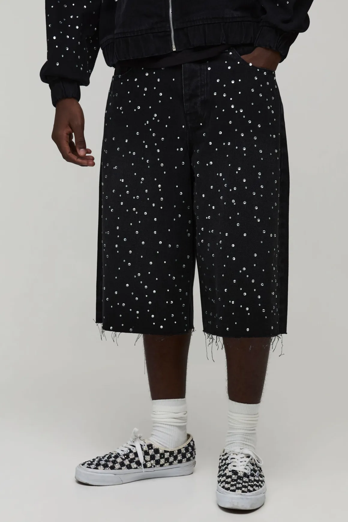 Jorts En Denim Délavé Longline À Strass
