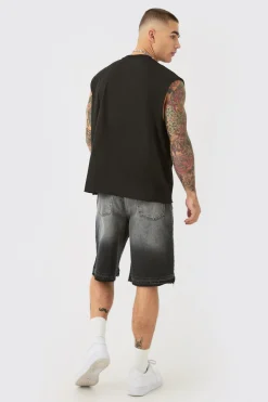 Jorts en Denim Détérioré dans du Noir Lavé