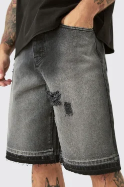 Jorts en Denim Détérioré dans du Noir Lavé