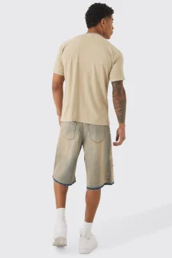 boohooMAN Jorts en denim à empiècement "Cross Applique" Regular, couleur Stone<Homme Jorts|Denim