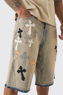 boohooMAN Jorts en denim à empiècement "Cross Applique" Regular, couleur Stone<Homme Jorts|Denim