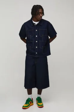 boohooMAN Jorts En Denim Longue Coupe Multi-poches<Homme Jorts|Denim