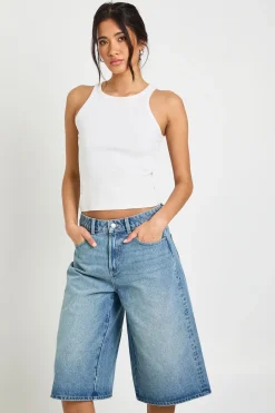Jorts En Denim Longueur Allongée Taille Mi-haute