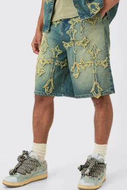 Jorts en denim vert usé avec appliqué en croix