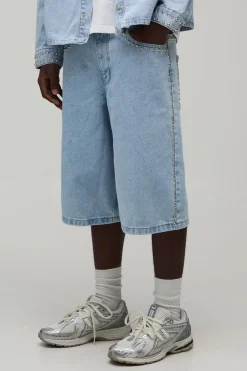 boohooMAN Jorts En Jean Long Clouté<Homme Jorts|Denim