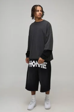 boohooMAN Jorts Longs Imprimé Entrejambe Effet Bande<Homme Jorts|Denim