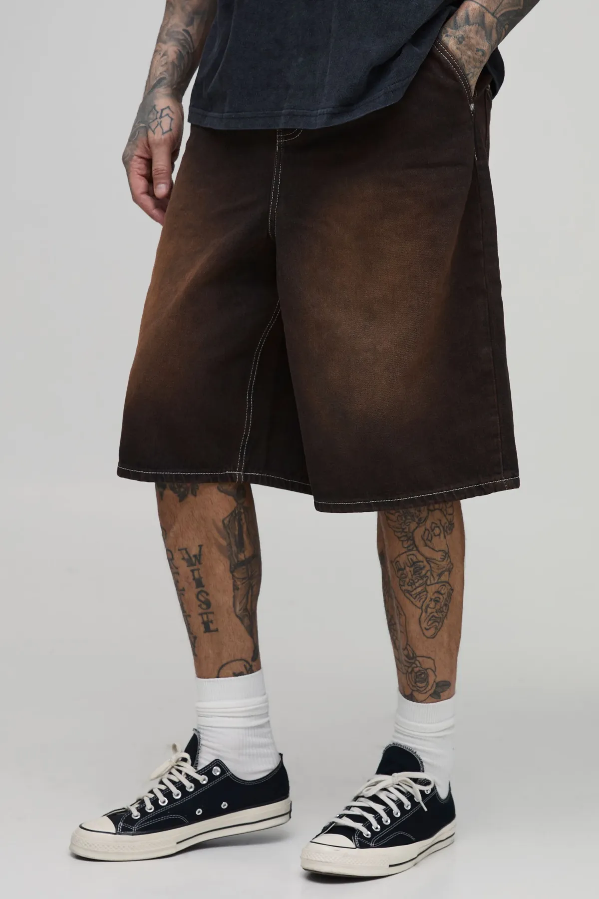 boohooMAN Jorts Longs Parachute Délavage Teinté Avec Plis Devant Pour Grands<Homme Jorts|Denim