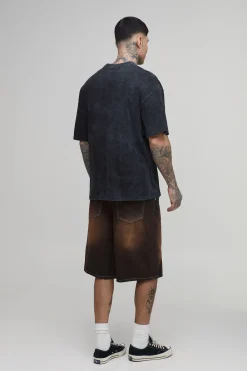 boohooMAN Jorts Longs Parachute Délavage Teinté Avec Plis Devant Pour Grands<Homme Jorts|Denim