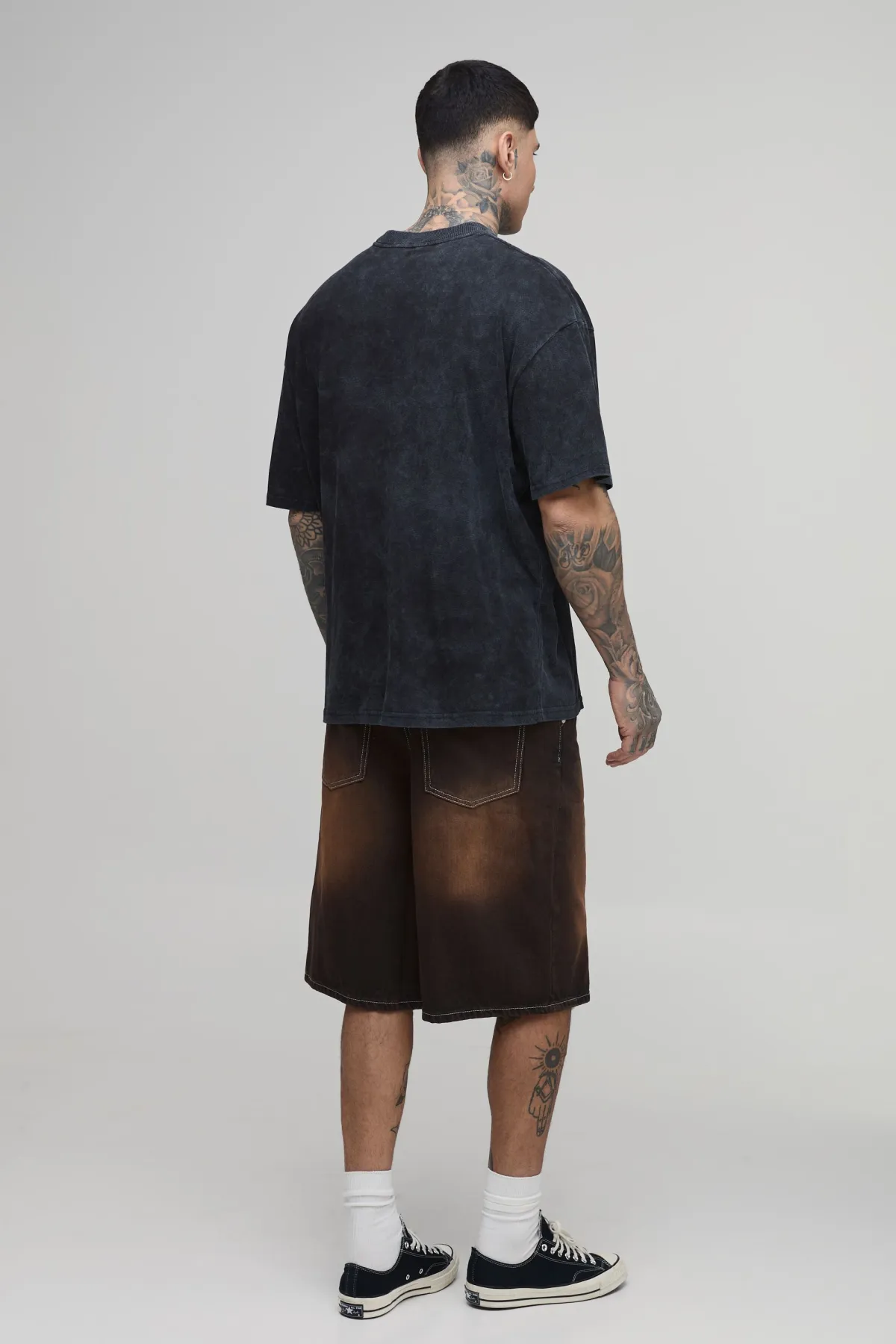 boohooMAN Jorts Longs Parachute Délavage Teinté Avec Plis Devant Pour Grands<Homme Jorts|Denim