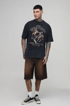 boohooMAN Jorts Longs Parachute Délavage Teinté Avec Plis Devant Pour Grands<Homme Jorts|Denim