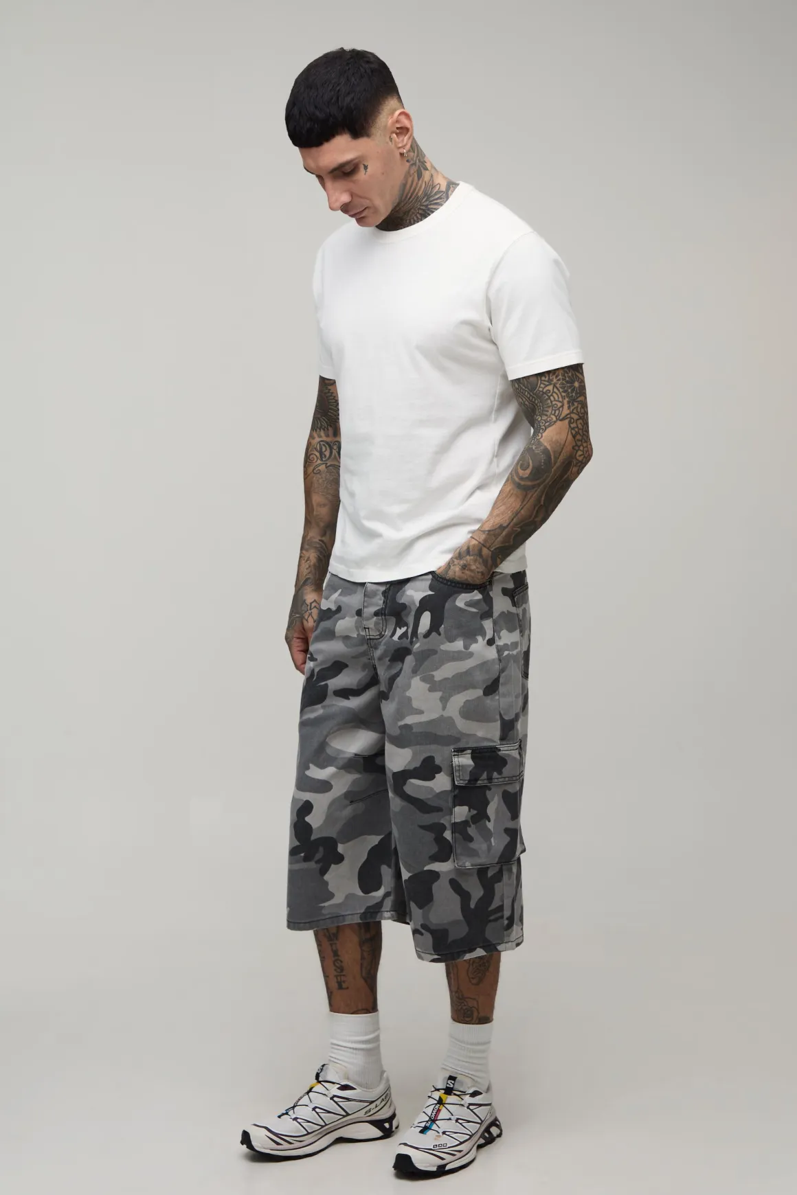 Jorts Longs Plissés Au Genou Camouflage Délavé Coupe Tall