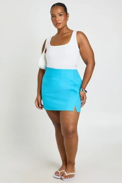 Jupe Courte Grande Taille Aspect Lin Avec Fente Devant