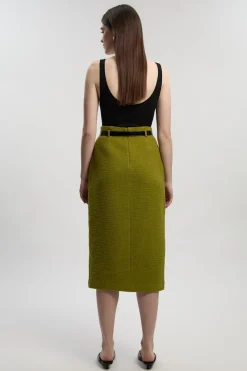 Jupe Crayon Ajustée en Tweed Texturé avec Ceinture