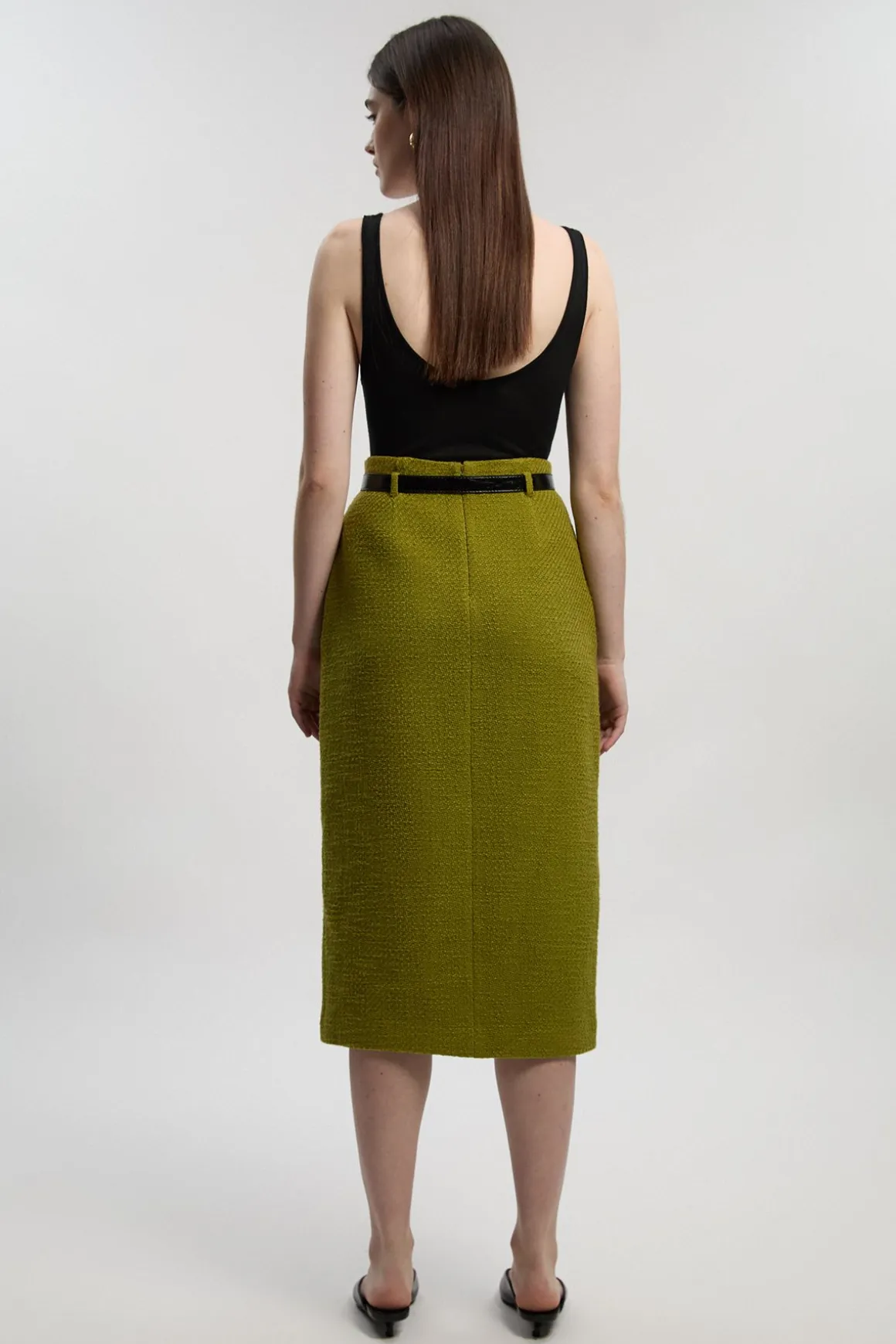 Jupe Crayon Ajustée en Tweed Texturé avec Ceinture