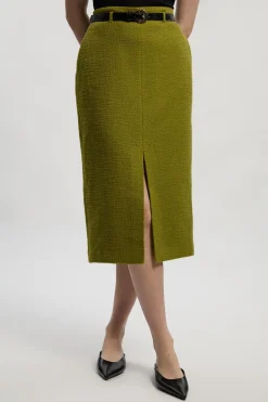 Jupe Crayon Ajustée en Tweed Texturé avec Ceinture