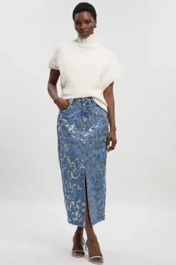 Jupe Crayon en Denim à Paillettes